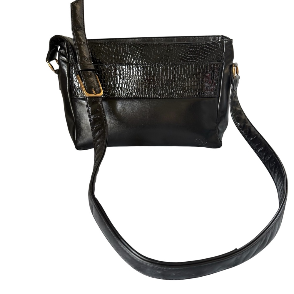 SAS Made in USA Croc-Embossed Leather Crossbody Shoulder Bag Black